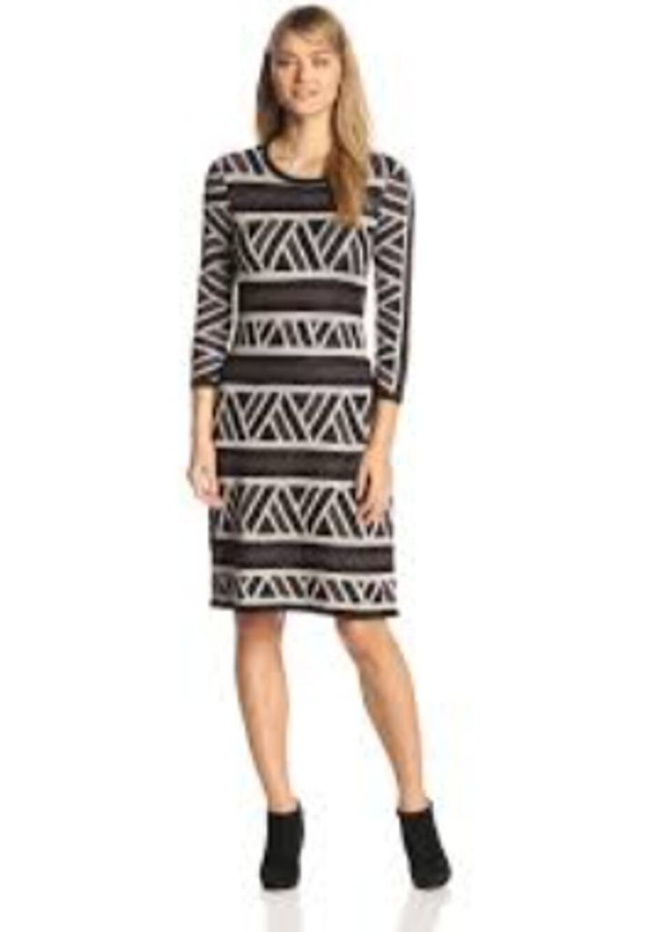 new ANNE KLEIN brown white black colorblock aztec tribal knit sweater dress